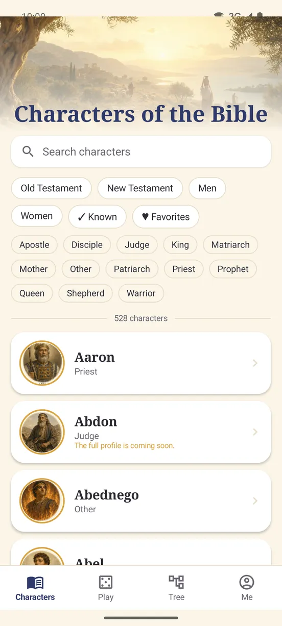 Characters list with a portrait, name and short line for each person of the Bible