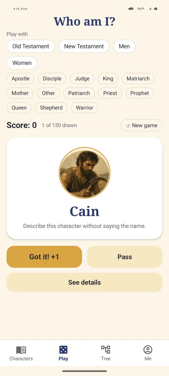 Who am I? game screen with a drawn card, the pass and correct buttons and the score