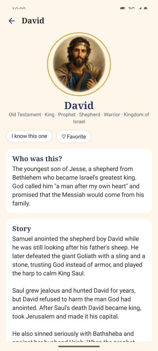 Profile of David with a portrait, summary, story and passages to read