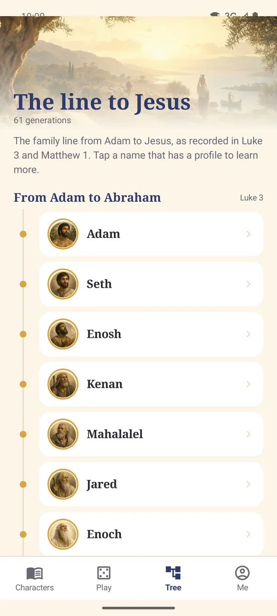 Family tree screen with the line from Adam to Jesus, with tappable names