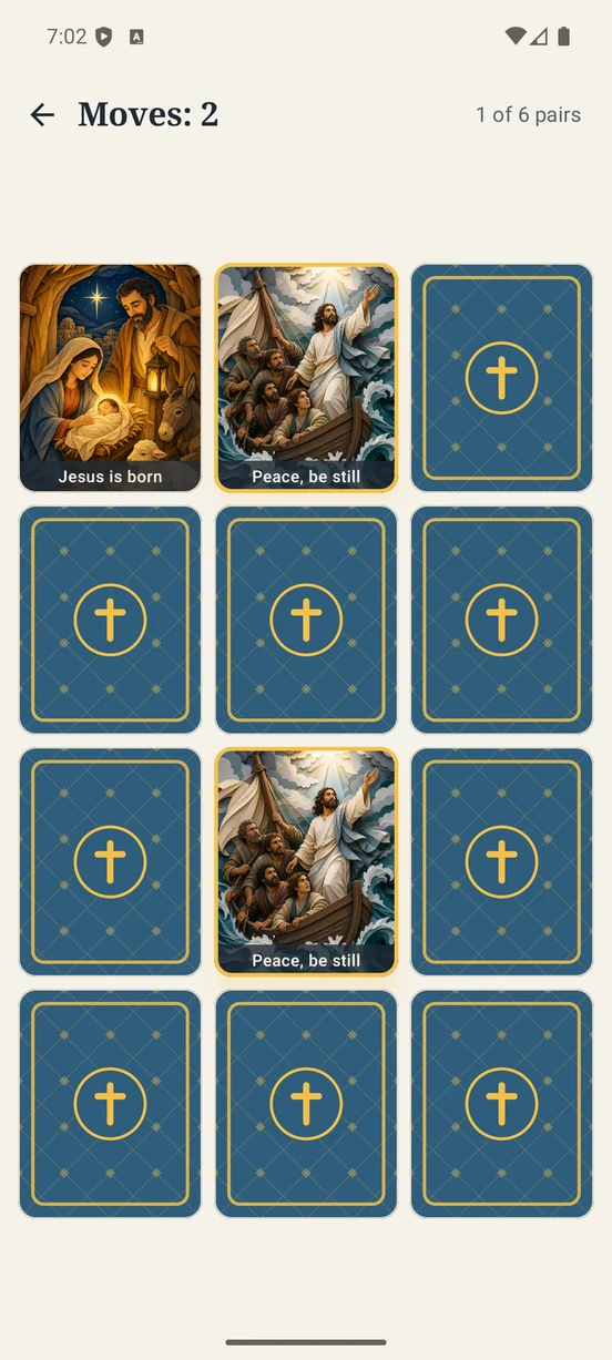 Tabuleiro da Memória Bíblica com cartas ilustradas, pares encontrados e a contagem de jogadas