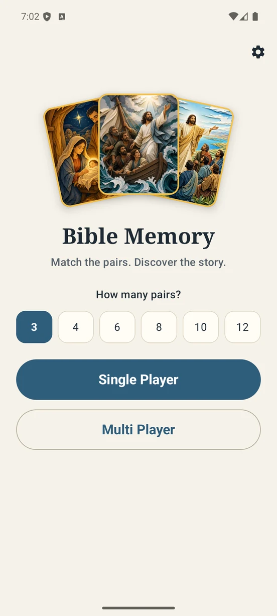 Bible Memory home screen with choices from 3 to 12 pairs and buttons for single-player and multiplayer games