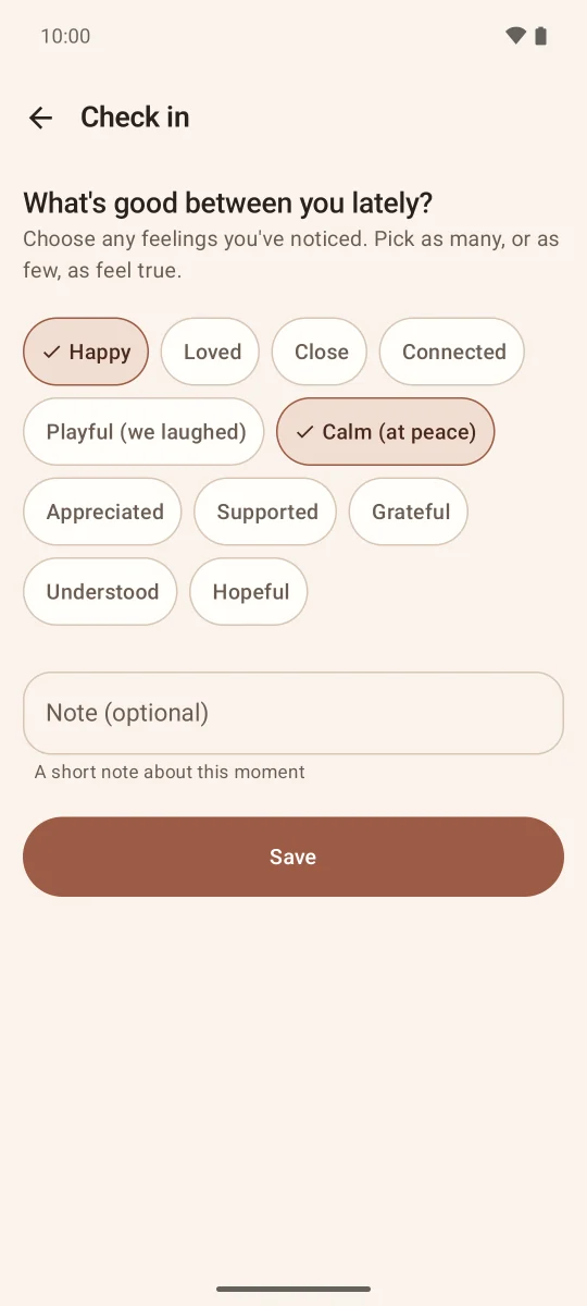 EverUsTogether emotional check-in screen with selectable relationship feelings