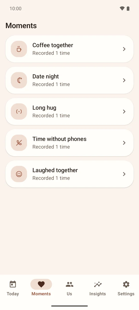 EverUsTogether moments screen listing meaningful activities recorded together