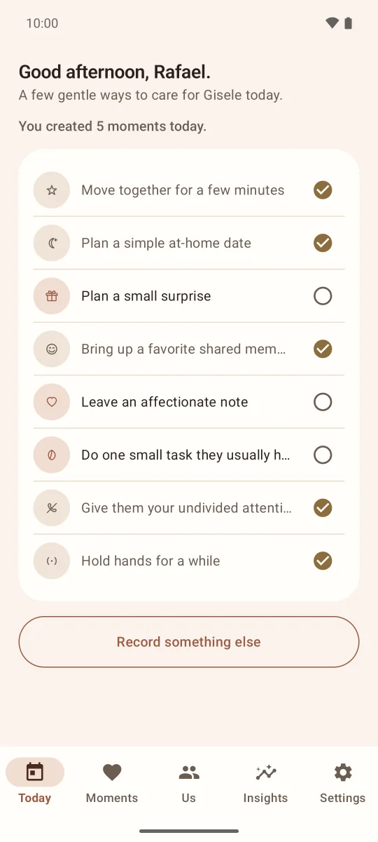 EverUsTogether Today screen with gentle relationship care suggestions