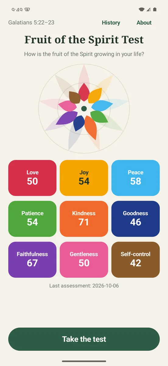 Home screen with the nine-leaf bloom and the nine fruits with their latest scores
