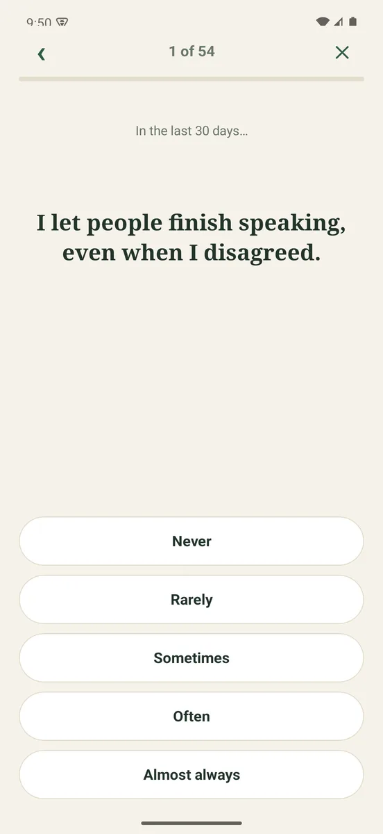 Test screen with one statement about the last 30 days and a five-point answer scale