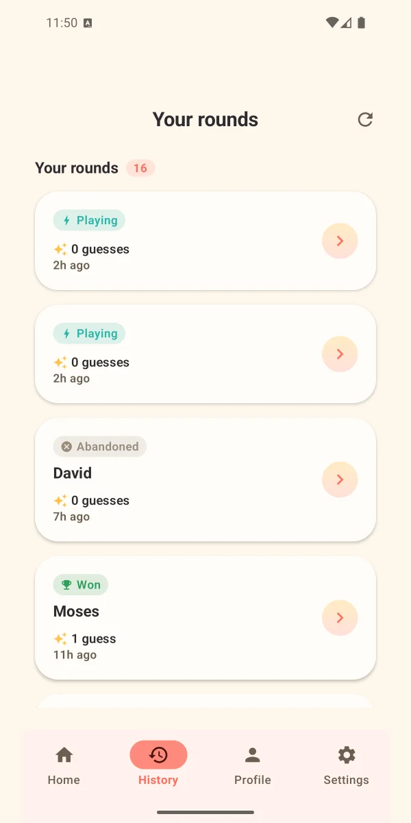Guess the Word history screen listing active, won, and abandoned rounds