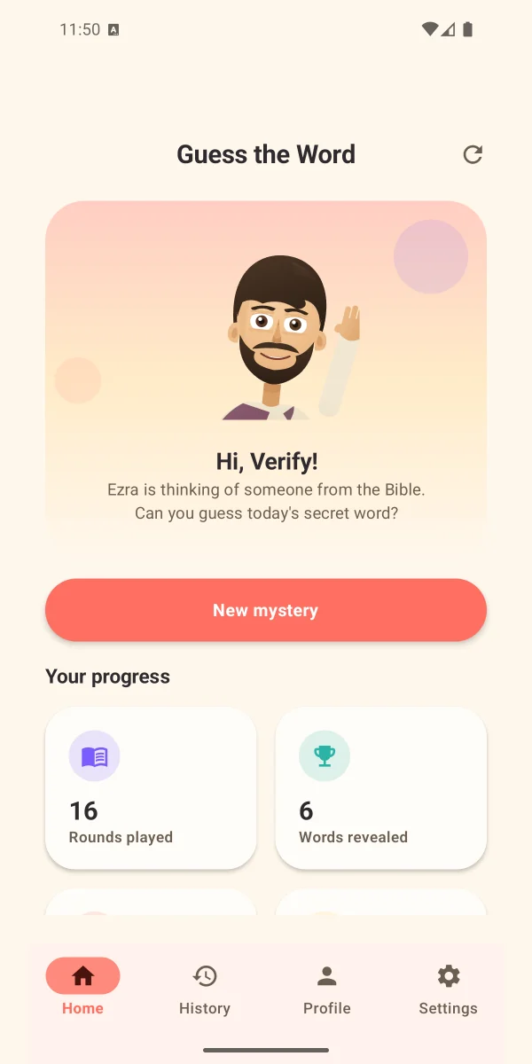 Guess the Word home screen with a new Bible mystery and player progress