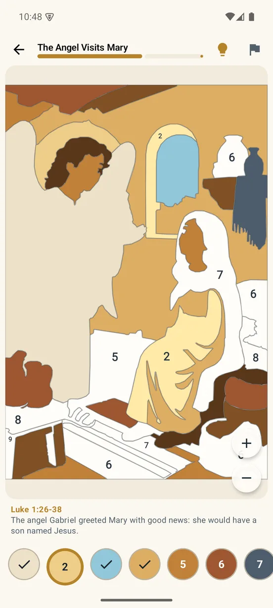 Coloring screen with a numbered scene of the angel visiting Mary and a row of numbered colors at the bottom