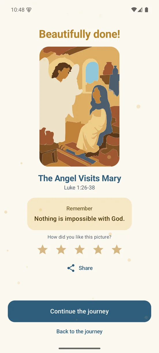 Finished picture of The Angel Visits Mary with a Remember message, a star rating and a Continue the journey button