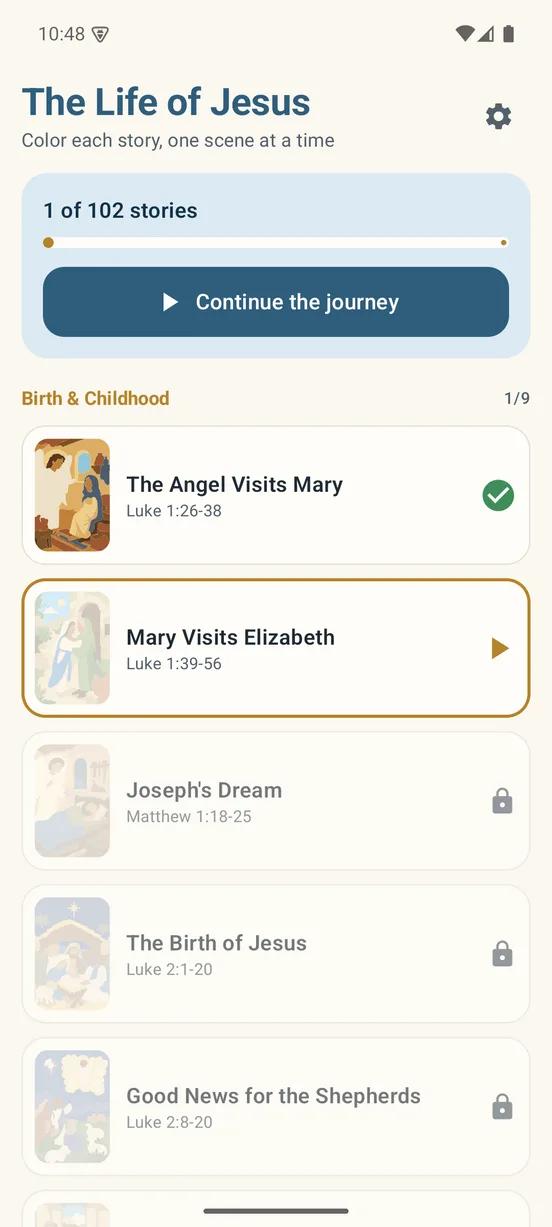 The Life of Jesus journey screen with a progress bar, a Continue the journey button and the list of stories starting with The Angel Visits Mary