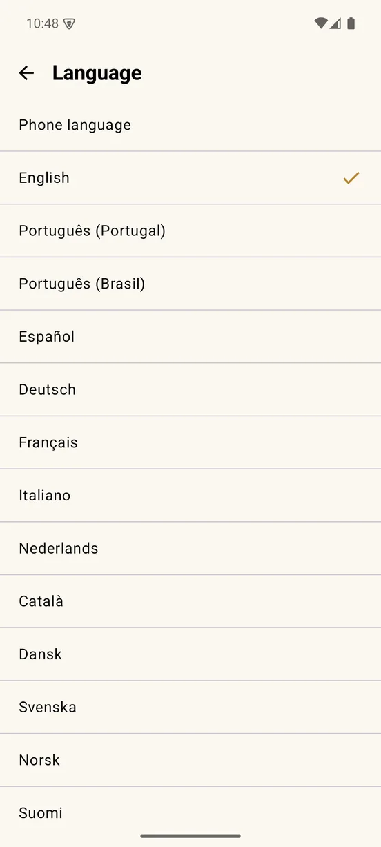 Language list with Phone language, English, Portuguese, Spanish, German, French and more
