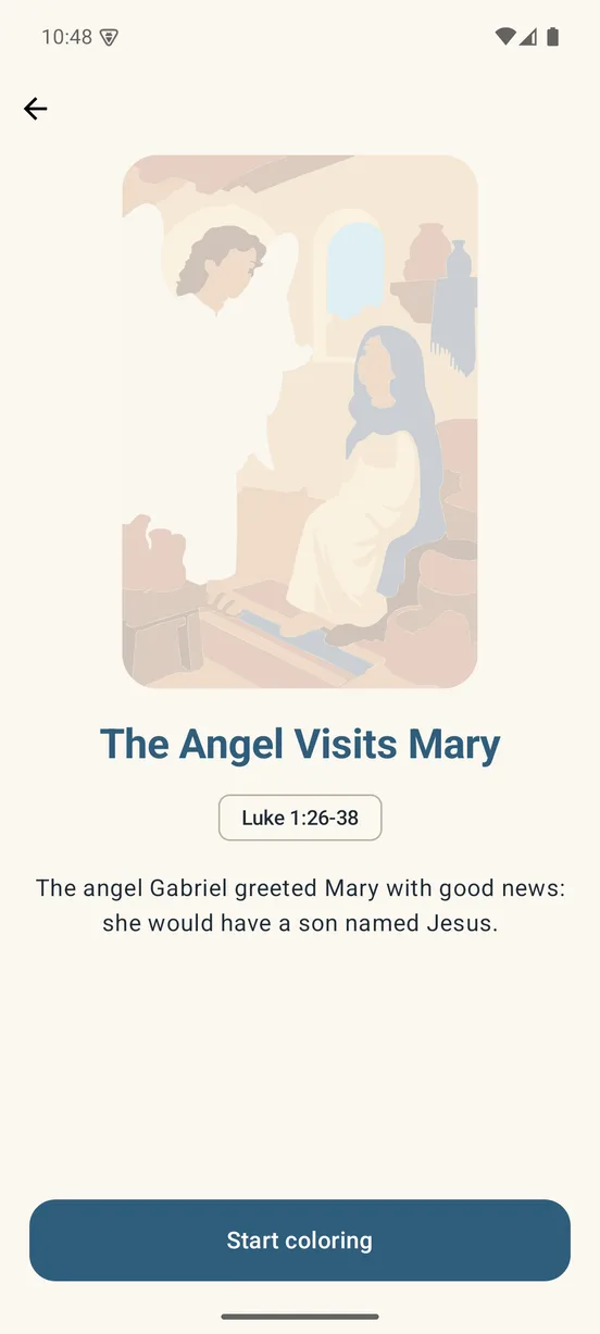 Story screen for The Angel Visits Mary with a faded picture, the Luke 1:26-38 reference, a short summary and a Start coloring button