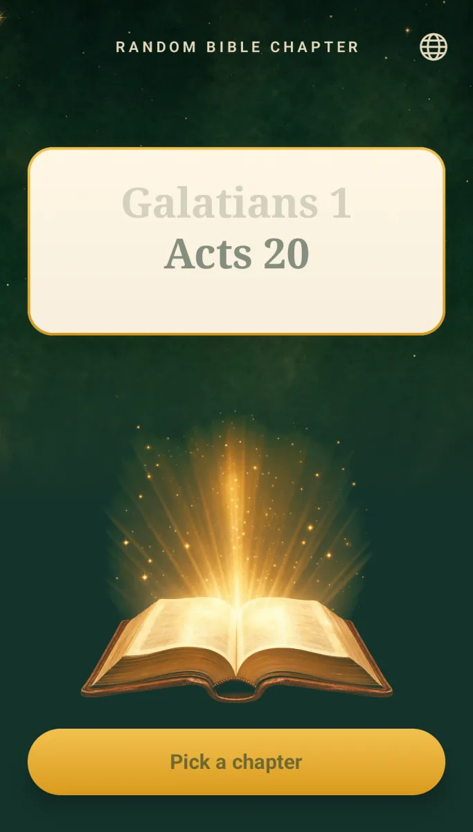 Chapter card spinning slot-machine style through Bible references such as Galatians 1 and Acts 20