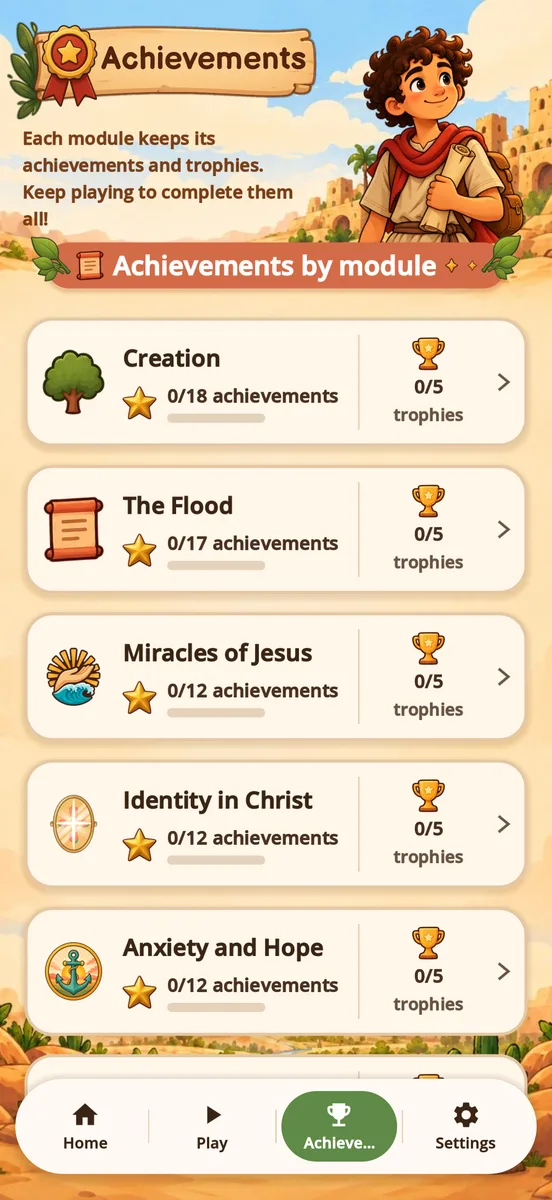 Bible Study achievements screen with trophies and stars earned