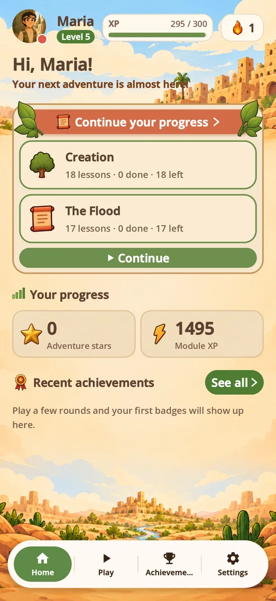 Bible Study home screen with the next lessons, level, stars and daily streak