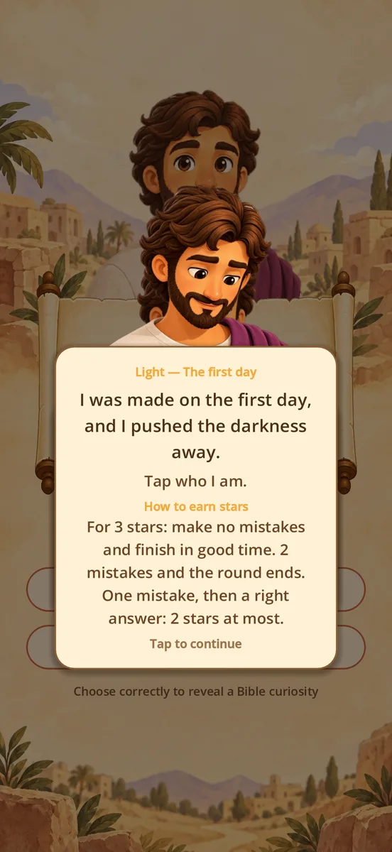 Bible Study lesson screen mixing a Bible story with a matching game